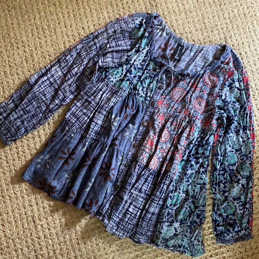 Sacred Threads Patchwork Boho Babydoll Top - image 1
